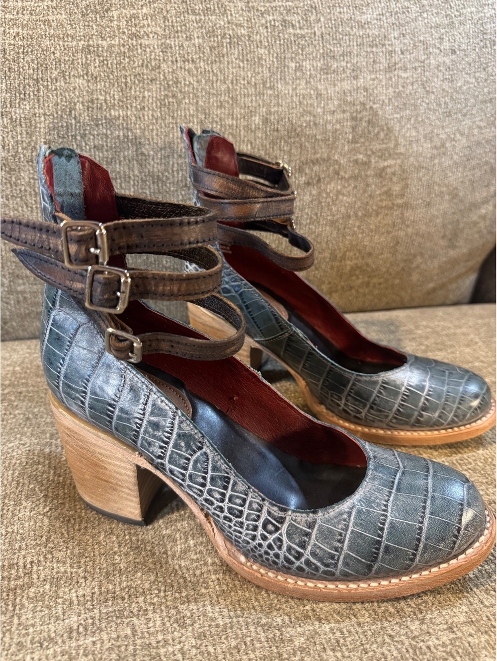 FREEBIRD BY STEVEN Randi Turquoise Blue Croc Leather Strappy Ankle Bootie 8 - Picture 8 of 10
